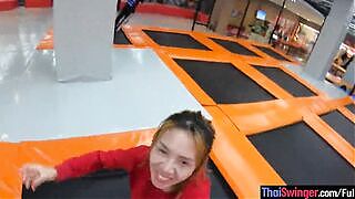 Thai amateur cougar mistress having fun on a trampoline and screwed at home